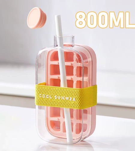 Fashion Water Bottle with Silicone Ice Cube Tray with Straw Zero-Contact Pressure Ice Cube Mold 500/800Ml Kettle Beverage Cup