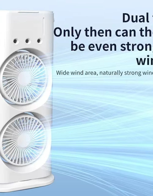 Load image into Gallery viewer, BreezeGlow™ 2-in-1 Dual Mist Cooling Fan – Chill, Hydrate &amp; Light Up Your Space
